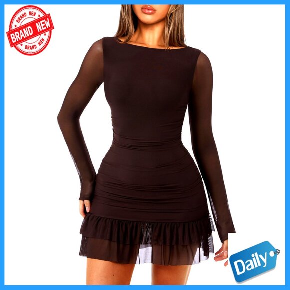 Dresses & Skirts - Long Sleeve Boat Neck Bodycon Mini Dress Mesh Ruffle Club Cocktail Party